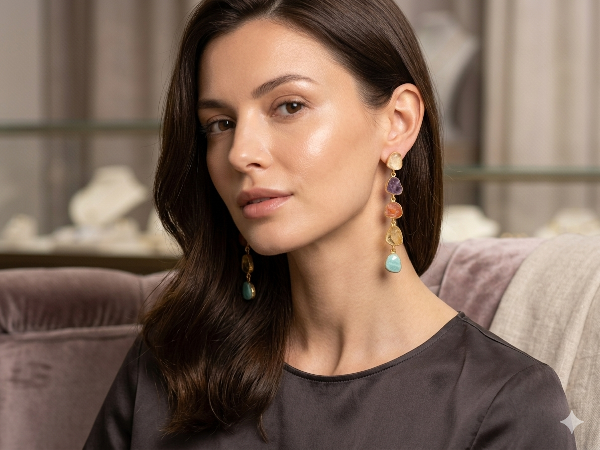 Multicolor uncut stone dangle earrings