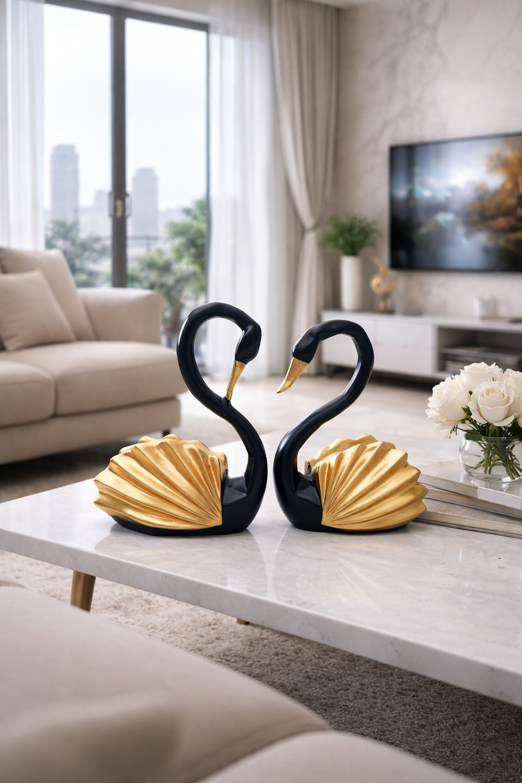 SMALL GEOMETRIC SWAN PAIR BLACK GOLD
