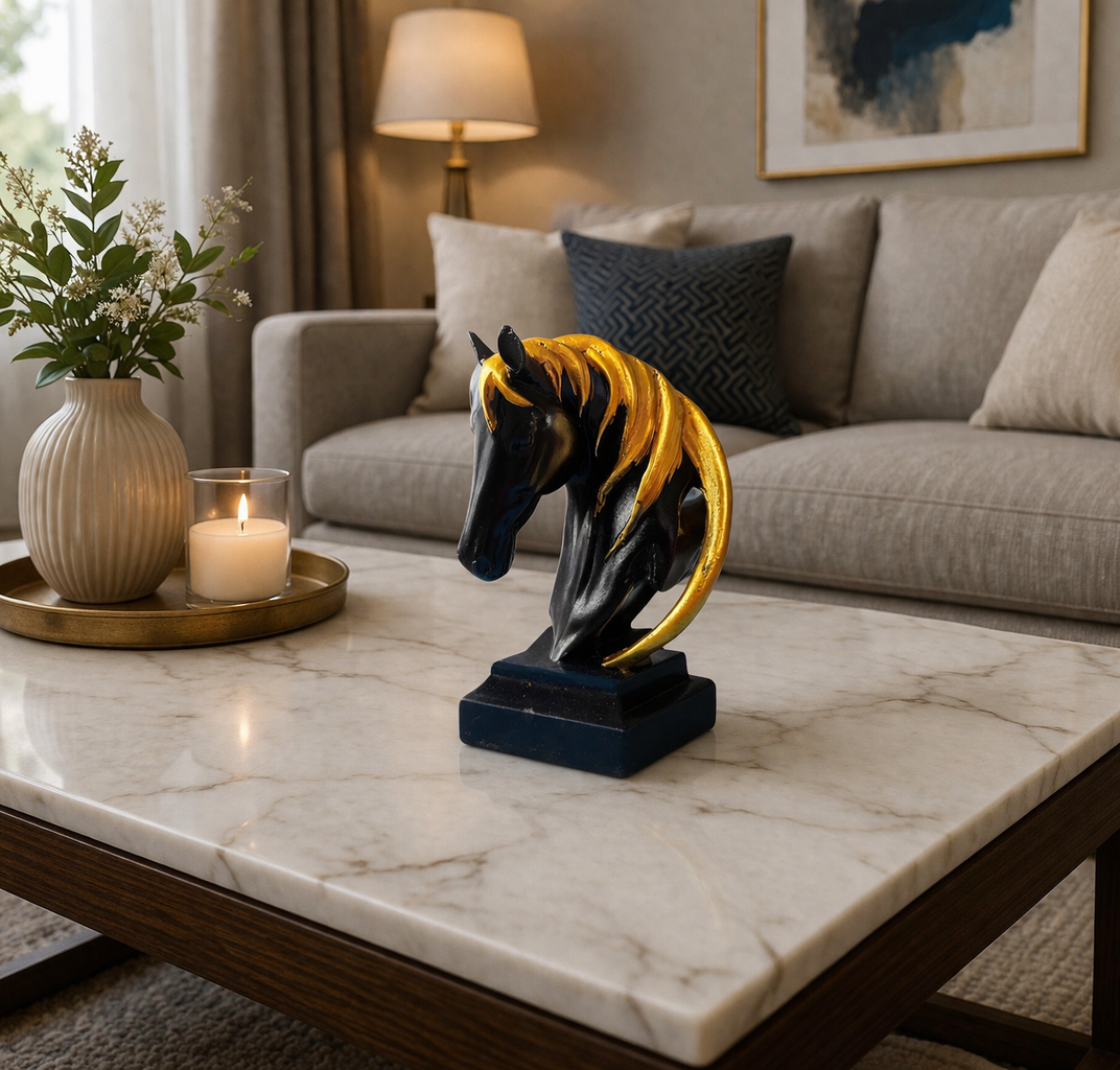 Horse face black and gold statue
