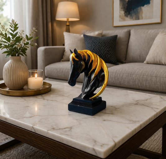 Horse face black and gold statue