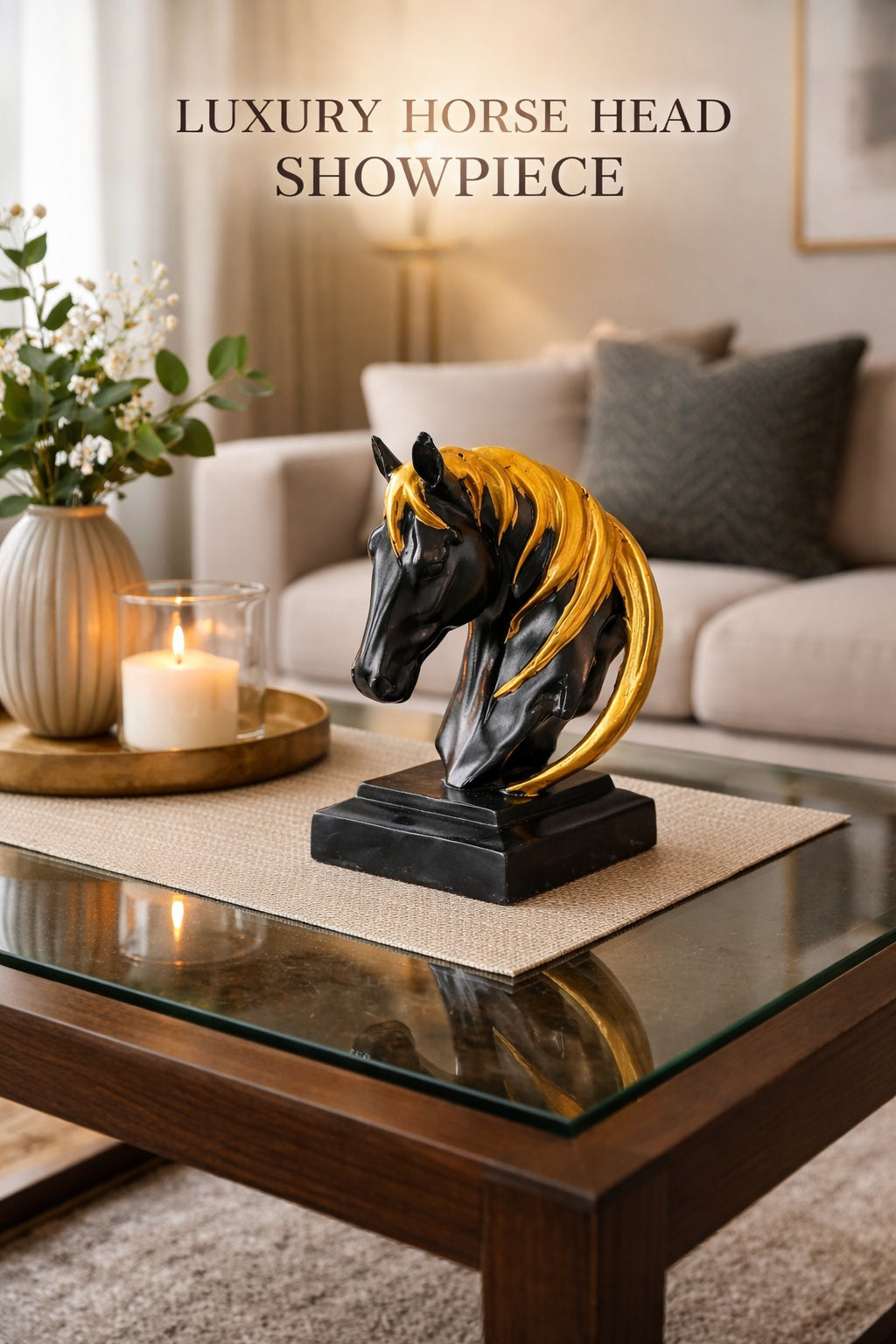 Horse face black and gold statue